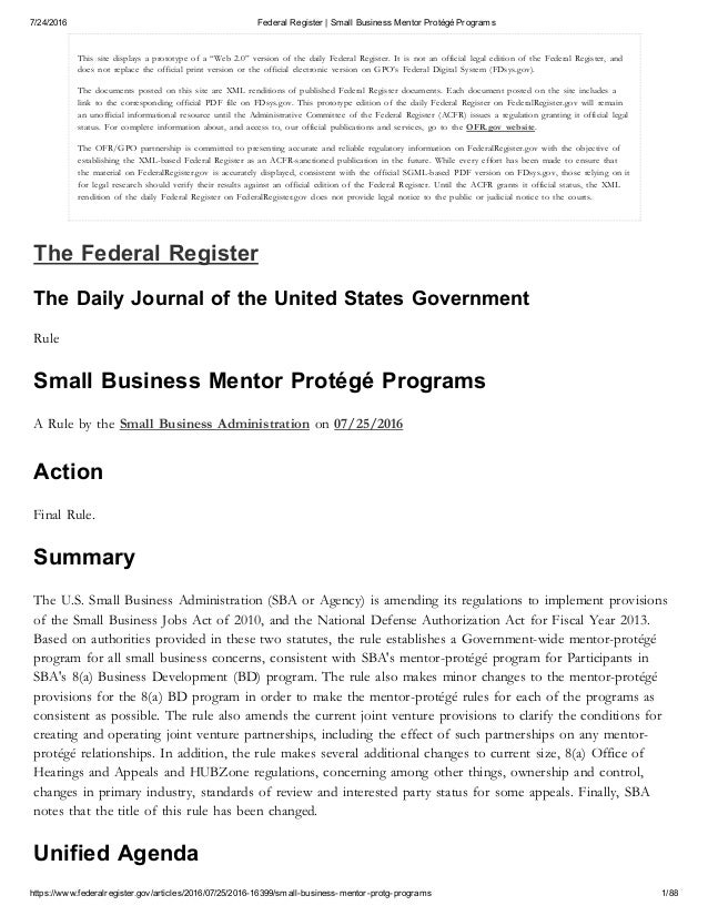 sba mentor protege program checklist