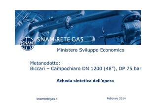 snamretegas.it
Metanodotto:
Biccari – Campochiaro DN 1200 (48”), DP 75 bar
Febbraio 2014
Ministero Sviluppo Economico
Scheda sintetica dell’opera
 