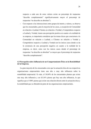 28



       respecto a cada uno de estos valores existe un porcentaje de respuestas
       “describe completamente” significativamente mayor al porcentaje de
       respuestas “no describe en absoluto”).
   -   Con respecto a las intersecciones entre grupos de interés y valores, se observa
       que los encuestados, para la mayoría de los casos, a excepción de Comunidad
       en relación a Lealtad, Clientes en relación a Verdad y Competidores respecto
       a Lealtad y Verdad, tienen una percepción positiva en cuanto a la realidad de
       su empresa, es importante considerar que los temas éticos que conciernen a la
       Comunidad en relación a Lealtad, a Clientes en relación a Verdad y
       Competidores respecto a Lealtad y Verdad son los únicos casos donde se da
       la existencia de una percepción negativa en cuanto a la realidad de la
       empresa, es decir, estos son los únicos casos donde el porcentaje de
       respuestas “no describe en absoluto” es mayor que el porcentaje de respuestas
       “describe completamente”.


4.3 Percepción sobre Influencia de un Comportamiento Ético en la Rentabilidad
de la Empresa.

   La gran mayoría de los encuestados cree que la actuación ética de sus respectivas
organizaciones empresariales tiene una alta o muy alta influencia sobre la
rentabilidad empresarial. Es más, el 36,84% de los encuestados plantea que existe
una muy alta influencia y un 63,16% piensa que hay una alta influencia, lo que
significa que el 100% piensa que existe una relación directa entre la actuación ética y
la rentabilidad que se obtendrá de parte de las organizaciones empresariales.
 