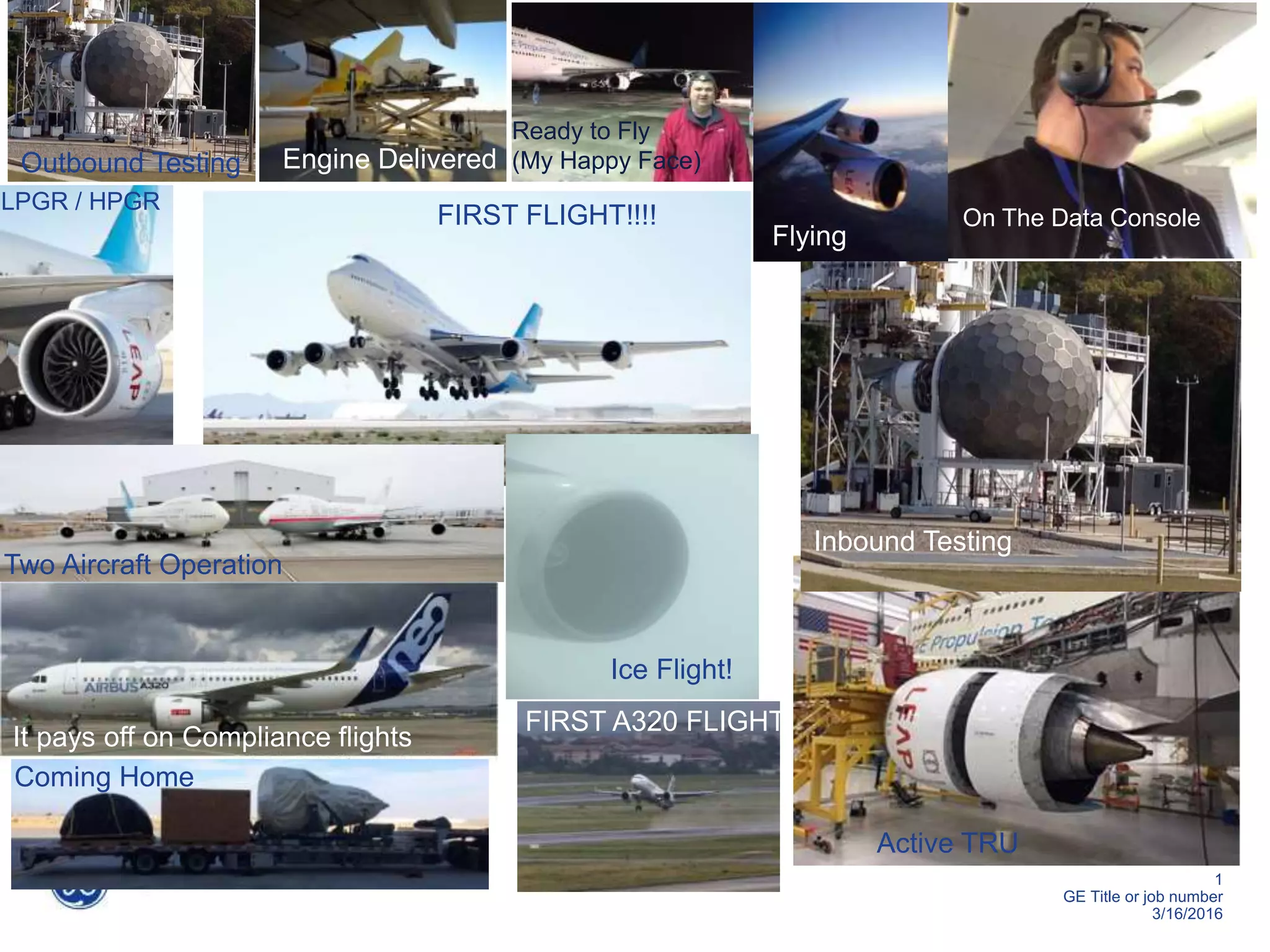 1
GE Title or job number
3/16/2016
Outbound Testing Engine Delivered
Two Aircraft Operation
Instrumentation
FIRST FLIGHT!!!!
Ready to Fly
(My Happy Face)
LPGR / HPGR
It pays off on Compliance flights
FIRST A320 FLIGHT!!!!
Flying
Active TRU
Coming Home
Inbound Testing
Ice Flight!
On The Data Console