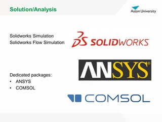 Solution/Analysis
Solidworks Simulation
Solidworks Flow Simulation
Dedicated packages:
• ANSYS
• COMSOL
 