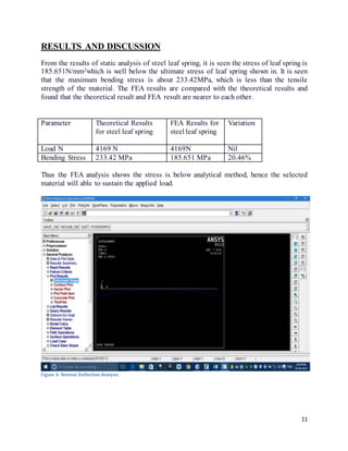 11
RESULTS AND DISCUSSION
From the results of static analysis of steel leaf spring, it is seen the stress of leaf spring is
185.651N/mm2which is well below the ultimate stress of leaf spring shown in. It is seen
that the maximum bending stress is about 233.42MPa, which is less than the tensile
strength of the material. The FEA results are compared with the theoretical results and
found that the theoretical result and FEA result are nearer to each other.
Parameter Theoretical Results
for steel leaf spring
FEA Results for
steel leaf spring
Variation
Load N 4169 N 4169N Nil
Bending Stress 233.42 MPa 185.651 MPa 20.46%
Thus the FEA analysis shows the stress is below analytical method, hence the selected
material will able to sustain the applied load.
Figure 3- Normal Deflection Analysis
 