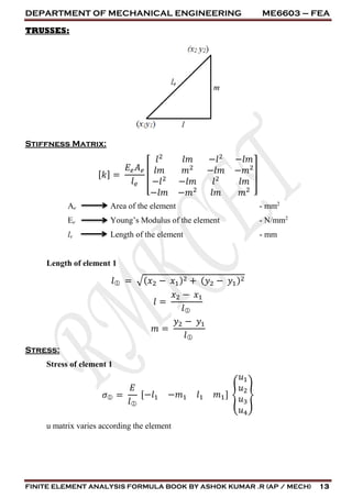 DEPARTMENT OF MECHANICAL ENGINEERING ME6603 – FEA
FINITE ELEMENT ANALYSIS FORMULA BOOK BY ASHOK KUMAR .R (AP / MECH) 13
TRUSSES:
Stiffness Matrix:
[ 𝑘] =
𝐸𝑒 𝐴 𝑒
𝑙 𝑒
[
𝑙2
𝑙𝑚 −𝑙2
−𝑙𝑚
𝑙𝑚 𝑚2
−𝑙𝑚 −𝑚2
−𝑙2
−𝑙𝑚 𝑙2
𝑙𝑚
−𝑙𝑚 −𝑚2
𝑙𝑚 𝑚2
]
Ae Area of the element - mm2
Ee Young’s Modulus of the element - N/mm2
le Length of the element - mm
Length of element 1
𝑙 = √( 𝑥2 − 𝑥1)2 + ( 𝑦2 − 𝑦1)2
𝑙 =
𝑥2 − 𝑥1
𝑙
𝑚 =
𝑦2 − 𝑦1
𝑙
Stress:
Stress of element 1
𝜎 =
𝐸
𝑙
[−𝑙1 −𝑚1 𝑙1 𝑚1] {
𝑢1
𝑢2
𝑢3
𝑢4
}
u matrix varies according the element
 