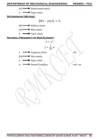 DEPARTMENT OF MECHANICAL ENGINEERING ME6603 – FEA
FINITE ELEMENT ANALYSIS FORMULA BOOK BY ASHOK KUMAR .R (AP / MECH) 19
{𝑢} Displacement matrix
𝜆 Eigen values
Determinant Method:
|[ 𝐾] − [ 𝑚] 𝜆| = 0
[𝐾] Stiffness matrix
[𝑚] Mass matrix
𝜆 Eigen values
Natural Frequency of Bar Element:
𝜆 = 𝜔2
𝑓 =
1
2𝜋
𝜔
𝑓 Frequency of bar - Hz
[𝑚] Mass matrix
𝜆 Eigen values
𝜔 Natural Frequency - rad / sec
 