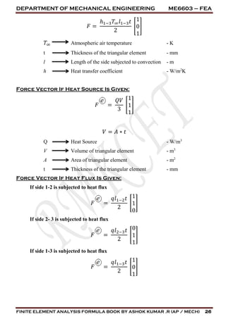 DEPARTMENT OF MECHANICAL ENGINEERING ME6603 – FEA
FINITE ELEMENT ANALYSIS FORMULA BOOK BY ASHOK KUMAR .R (AP / MECH) 26
𝐹 =
ℎ1−3 𝑇∞ 𝑙1−3 𝑡
2
[
1
0
1
]
𝑇∞ Atmospheric air temperature - K
t Thickness of the triangular element - mm
l Length of the side subjected to convection - m
h Heat transfer coefficient - W/m2
K
Force Vector If Heat Source Is Given:
𝐹 =
𝑄𝑉
3
[
1
1
1
]
𝑉 = 𝐴 ∗ 𝑡
Q Heat Source - W/m3
V Volume of triangular element - m3
A Area of triangular element - m2
t Thickness of the triangular element - mm
Force Vector If Heat Flux Is Given:
If side 1-2 is subjected to heat flux
𝐹 =
𝑞𝑙1−2 𝑡
2
[
1
1
0
]
If side 2- 3 is subjected to heat flux
𝐹 =
𝑞𝑙2−3 𝑡
2
[
0
1
1
]
If side 1-3 is subjected to heat flux
𝐹 =
𝑞𝑙1−3 𝑡
2
[
1
0
1
]
 
