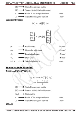 DEPARTMENT OF MECHANICAL ENGINEERING ME6603 – FEA
FINITE ELEMENT ANALYSIS FORMULA BOOK BY ASHOK KUMAR .R (AP / MECH) 39
[𝐵] Strain Displacement matrix
[𝐷] Stress – Strain Relationship matrix
r Radius of the triangular element - mm
𝐴 Area of the triangular element - mm2
Element Stress:
{ 𝜎} = [ 𝐷] [ 𝐵] { 𝑢}
{
𝜎𝑟
𝜎 𝜃
𝜎𝑧
𝜏 𝑟𝑧
} = [ 𝐷] [ 𝐵]
{
𝑢1
𝑤1
𝑢2
𝑤2
𝑢3
𝑤3}
𝜎𝑟 Radial stress - N/mm2
𝜎 𝜃 Circumferential stress - N/mm2
𝜎𝑧 Longitudinal stress - N/mm2
𝜏 𝑟𝑧 Shear Stress - N/mm2
u & w Nodal displacement - mm
TEMPERATURE EFFECTS:
Thermal Force Vector:
[ 𝐹] 𝑡 = 2𝜋𝑟𝐴 [ 𝐵] 𝑇 [ 𝐷] { 𝑒0}
𝑟 =
𝑟1 + 𝑟2 + 𝑟3
3
[𝐵] Strain Displacement matrix
[𝐷] Stress – Strain Relationship matrix
{ 𝑒0} Strain matrix
r Radius of the triangular element - mm
𝐴 Area of the triangular element - mm2
Strain:
 
