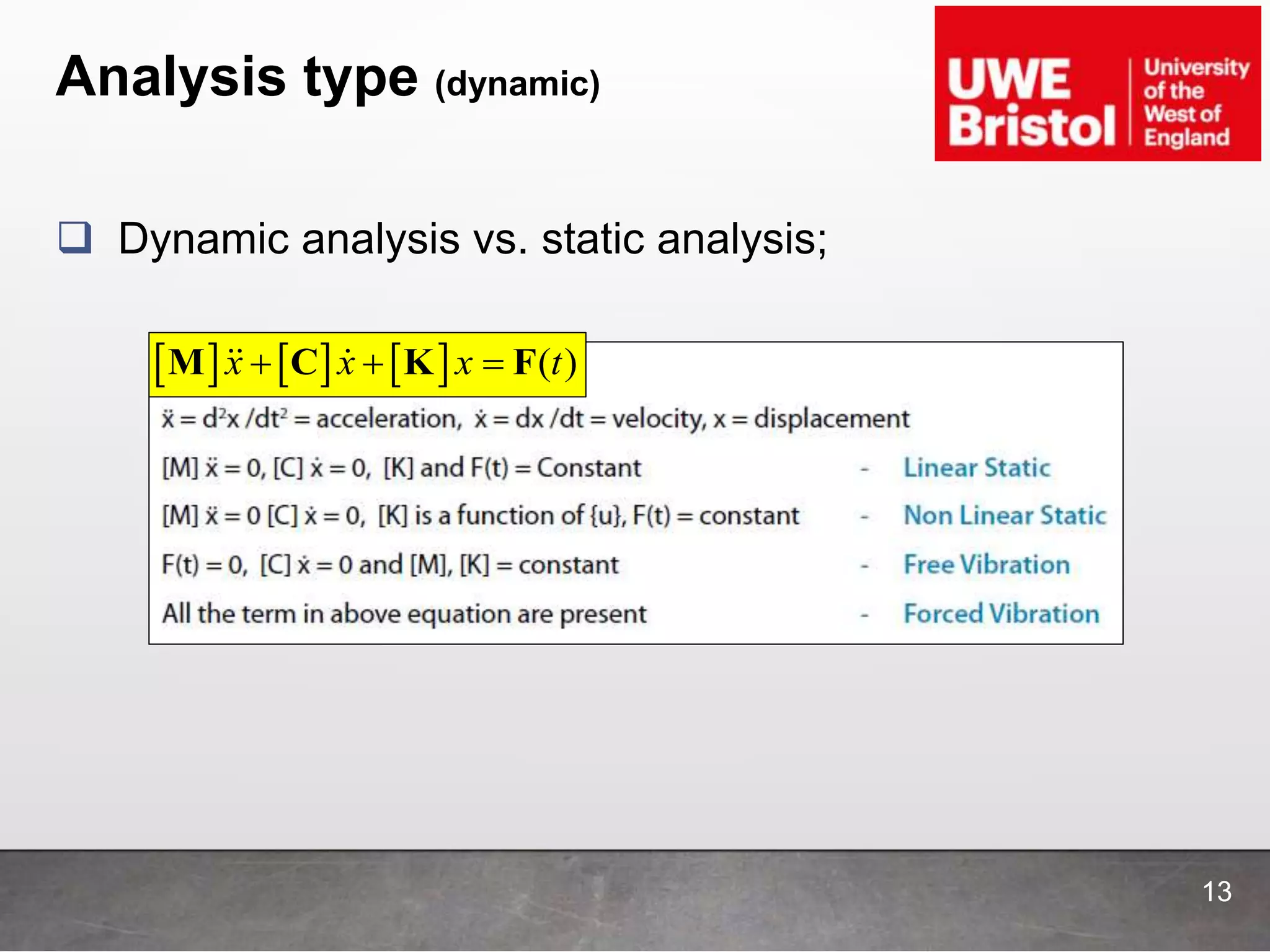 Analysis type (dynamic)
13
 Dynamic analysis vs. static analysis;
      ( )
x x x t
  
M C K F
 