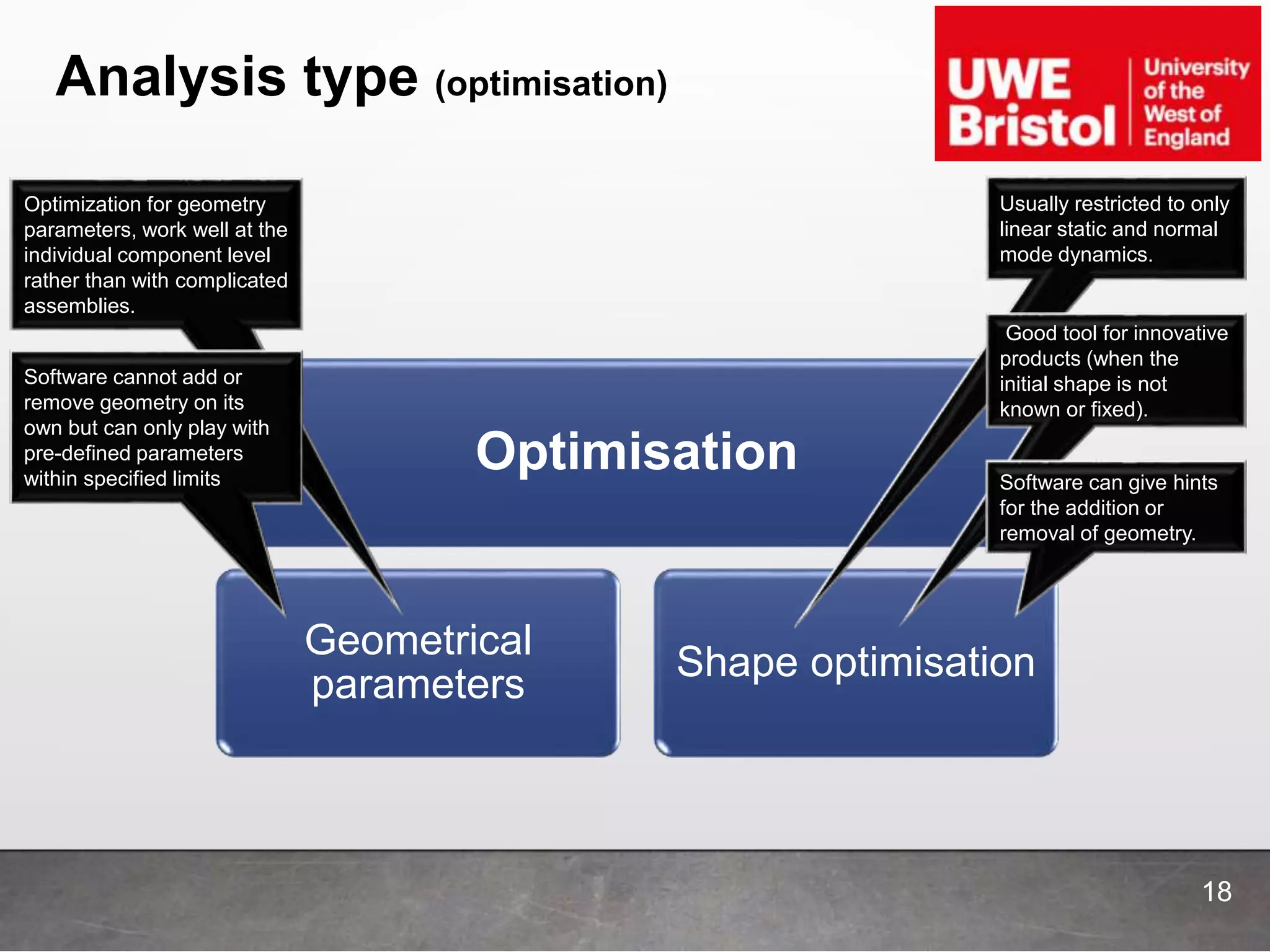 Analysis type (optimisation)
18
Optimisation
Geometrical
parameters
Shape optimisation
Usually restricted to only
linear static and normal
mode dynamics.
Good tool for innovative
products (when the
initial shape is not
known or fixed).
Software can give hints
for the addition or
removal of geometry.
Optimization for geometry
parameters, work well at the
individual component level
rather than with complicated
assemblies.
Software cannot add or
remove geometry on its
own but can only play with
pre-defined parameters
within specified limits
 