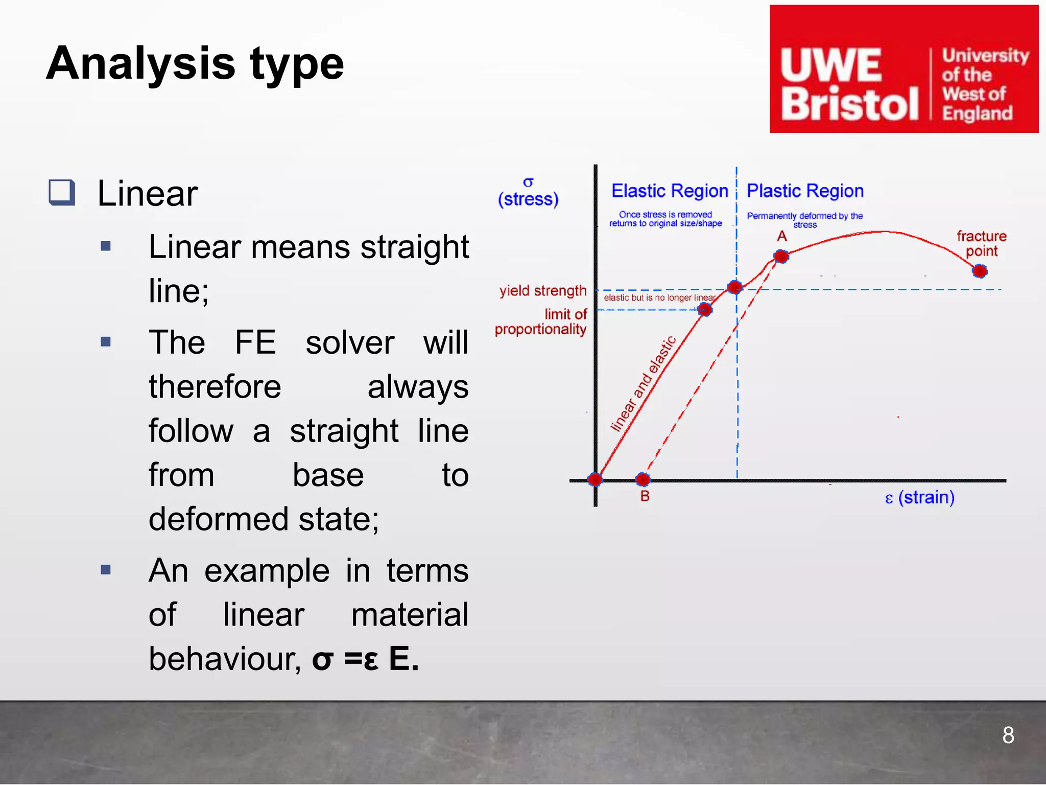 Analysis type
8
 Linear
 Linear means straight
line;
 The FE solver will
therefore always
follow a straight line
from base to
deformed state;
 An example in terms
of linear material
behaviour, σ =ε E.
 