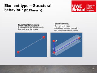 Element type – Structural
behaviour (1D Elements)
-Truss/Rod/Bar elements;
-3 translational dof at each node
-Transmit axial force only
-Beam elements;
-6 dof at each node
-I-J defines element geometry
-I-K defines the beam normal
22
 