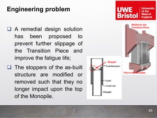 Engineering problem
 A remedial design solution
has been proposed to
prevent further slippage of
the Transition Piece and
improve the fatigue life;
 The stoppers of the as-built
structure are modified or
removed such that they no
longer impact upon the top
of the Monopile.
Fits to the Monopile
Welded to the
Transition Piece
Stopper
49
 