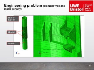 Engineering problem (element type and
mesh density)
53
2D shell
(D/t > 20)
2D shell
3D solid
 