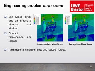 Engineering problem (output control)
 von Mises stress
and all directional
stresses and
strains;
 Contact
displacement and
forces;
Un-averaged von Mises Stress Averaged von Mises Stress
62
 All directional displacements and reaction forces.
 
