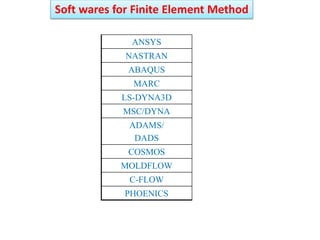 ANSYS
NASTRAN
ABAQUS
MARC
LS-DYNA3D
MSC/DYNA
ADAMS/
DADS
COSMOS
MOLDFLOW
C-FLOW
PHOENICS
Soft wares for Finite Element Method
 