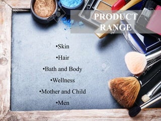 •Skin
•Hair
•Bath and Body
•Wellness
•Mother and Child
•Men
PRODUCT
RANGE
 