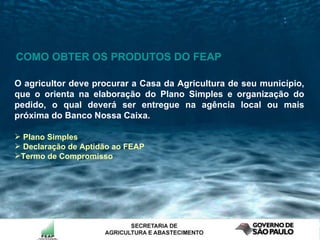 COMO OBTER OS PRODUTOS DO FEAP O agricultor deve procurar a Casa da Agricultura de seu município, que o orienta na elaboração do Plano Simples e organização do pedido, o qual deverá ser entregue na agência local ou mais próxima do Banco Nossa Caixa. Plano Simples Declaração de Aptidão ao FEAP Termo de Compromisso 