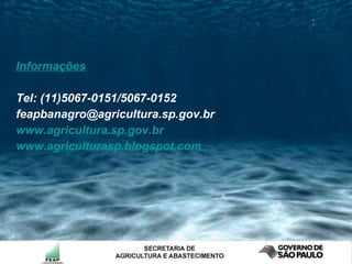 Informações Tel: (11)5067-0151/5067-0152 [email_address] www.agricultura.sp.gov.br www.agriculturasp.blogspot.com   