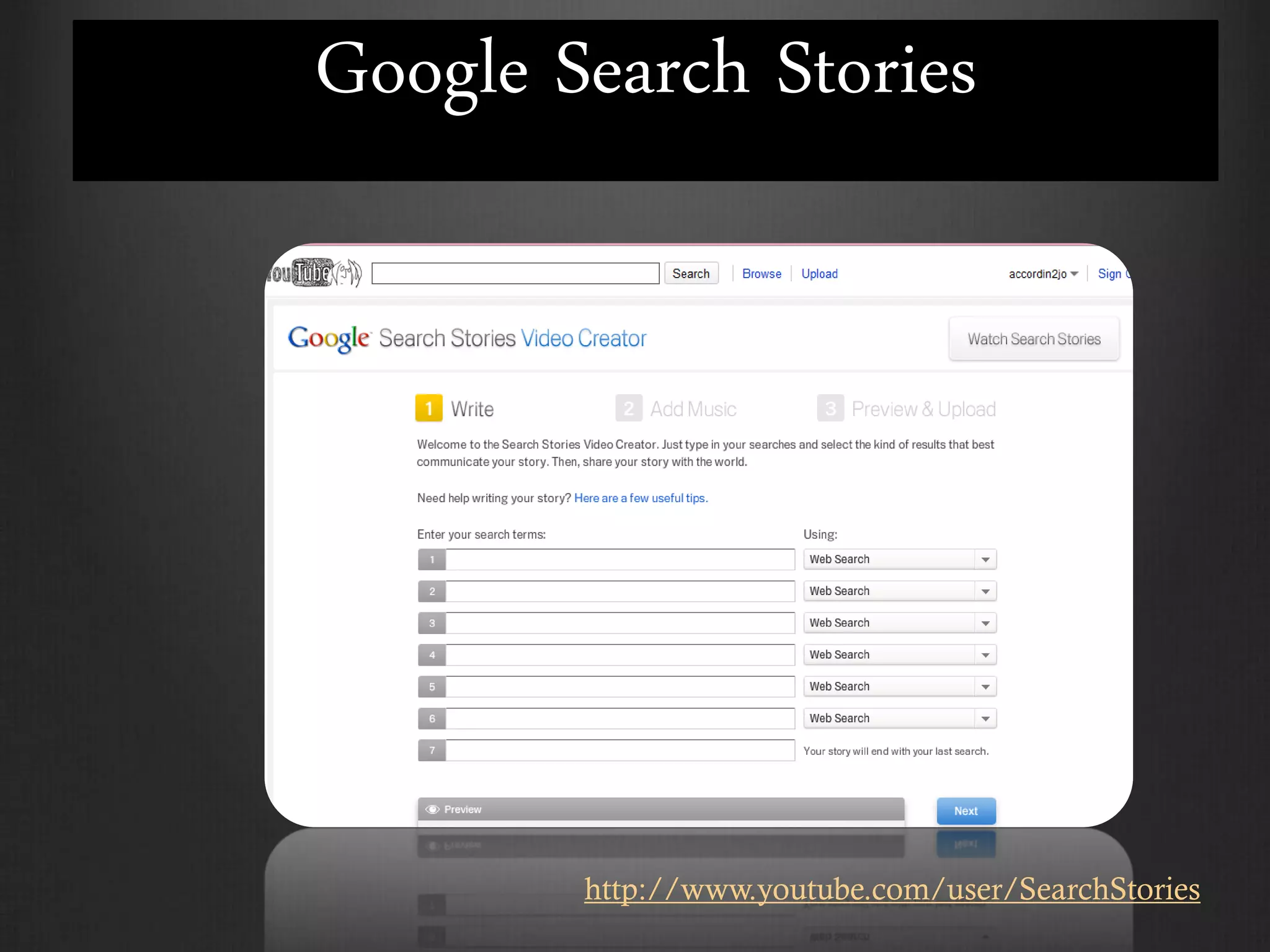 Google Search Stories




        http://www.youtube.com/user/SearchStories
 