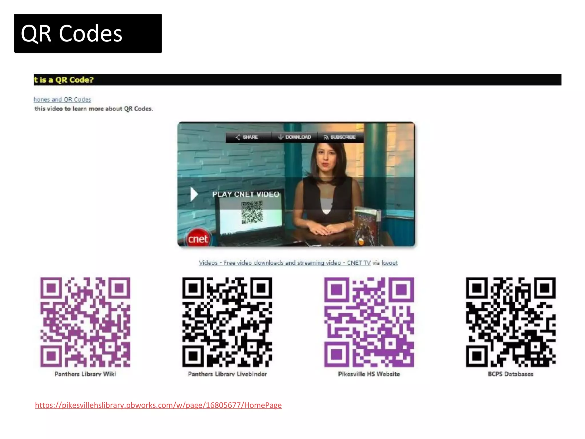 QR Codes




 https://pikesvillehslibrary.pbworks.com/w/page/16805677/HomePage
 