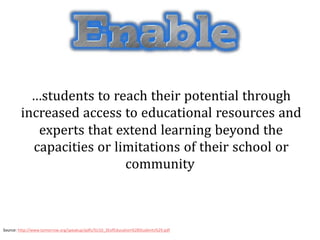 …students to reach their potential through
        increased access to educational resources and
           experts that extend learning beyond the
          capacities or limitations of their school or
                          community



Source: http://www.tomorrow.org/speakup/pdfs/SU10_3EofEducation%28Students%29.pdf
 