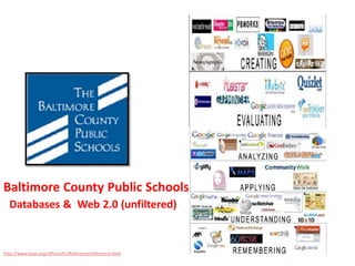BCPS




Baltimore County Public Schools
  Databases & Web 2.0 (unfiltered)


http://www.bcps.org/offices/lis/Reference/reference.html
 