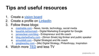 gregbeazley.com 
Tips and useful resources 
1. Create a vision board 
2. Create a profile on LinkedIn 
3. Follow these blogs: 
a. mashable.com - News, trends, technology, social media 
b. kaushik.net/avinash - Digital Marketing Evangelist for Google 
c. jamesclear.com/blog - Entrepreneur and life coach 
d. blog.startwithwhy.com - (Simon Sinek) big thinker and public speaker 
e. simuddell.com - Digital Strategist and life coach 
f. gregbeazley.com - (Me) Digital Strategy, Philanthropy, Inspiration 
4. Watch more TED and less TV 
 