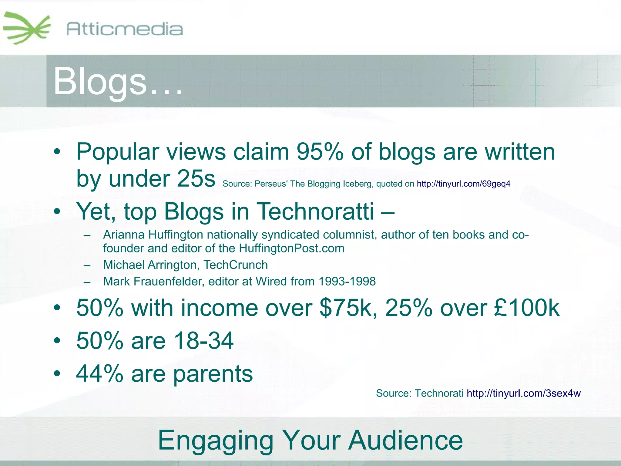 Blogs… Popular views claim 95% of blogs are written by under 25s  Source: Perseus' The Blogging Iceberg, quoted on  http://tinyurl.com/69geq4   Yet, top Blogs in Technoratti – Arianna Huffington nationally syndicated columnist, author of ten books and co-founder and editor of the HuffingtonPost.com Michael Arrington, TechCrunch Mark Frauenfelder,  editor at Wired from 1993-1998 50% with income over $75k, 25% over £100k 50% are 18-34 44% are parents  Source: Technorati  http://tinyurl.com/3sex4w   