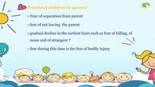 Preschool children (2-5years)
oFear of separation from parent
ofear of not having the parent
ogradual decline in the earliest fears such as fear of falling, of
noise and of strangers ?
ofear during this time is the fear of bodily injury
 