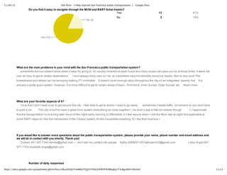11/26/12 Edit form -‐‑ [ Help improve San Francisco public transportation. ] -‐‑ Google Docs
11/12https://docs.google.com/spreadsheet/gform?key=0Aua5kQinTokWdGlTQjZsTlVHa2hFM3F0UWhjaEp1T3c&gridId=0#chart
Do  you  find  it  easy  to  navigate  through  the  MUNI  and  BART  ticket  kiosks?
Yes 13 81%
No 3 19%
What  are  the  main  problems  in  your  mind  with  the  San  Francisco  public  transportation  system?
sometimes  the  bus  doesn't  show  when  it  says  it's  going  to.  it's  usually  crowded  at  peak  hours  and  many  buses  can  pass  you  by  at  those  times.  it  takes  me
over  an  hour  to  get  to  certain  destinations.   I  dont  always  have  cash  on  me,  so  credit/debit  card  functionality  would  be  helpful.  Bart  is  very  loud!  The
breakdowns  and  delays  can  be  annoying  making  PT  unreliable It  doesn't  cover  enough  stops  throughout  the  city  on  an  integrated,  speedy  line It  is
actually  a  pretty  good  system.  However,  it  is  more  difficult  to  get  to  certain  areas  of  town-­-­  Richmond,  Inner  Sunset,  Outer  Sunset,  etc. Need  more   ...
What  are  your  favorite  aspects  of  it?
I  love  that  I  don't  need  a  car  to  get  around  the  city  -­  I  feel  able  to  get  to  where  I  need  to  go  easily.   sometimes  it  beats  traffic,  convenient  so  you  dont  have
to  park  a  car This  city  is  built  to  have  a  great  muni  system  (everything  so  close  together).  I  do  wish  it  was  a  little  bit  cleaner  though. 1)  I  appreciate
that  the  transportation  runs  during  later  hours  of  the  night/  early  morning  2)  Affordable  3)  I  feel  secure  when  I  ride  the  Muni  late  at  night/  Not  applicable  to
some  BART  stops  4)  I  like  the  introduction  of  the  Clipper  system,  thinks  it  expedites  boarding.  5)  I  like  that  most  bus  r ...
If  you  would  like  to  answer  more  questions  about  the  public  transportation  system,  please  provide  your  name,  phone  number  and  email  address  and
we  will  be  in  contact  with  you  shortly.  Thank  you!
Colleen  401.207.7342  leenita@gmail.com  -­-­-­  don't  sell  my  contact  info  please Kathy  2068837100  kathyannl33@gmail.com Libby  Angst  847-­
977-­7103  elizabeth.angst@gmail.com
Number  of  daily  responses
 