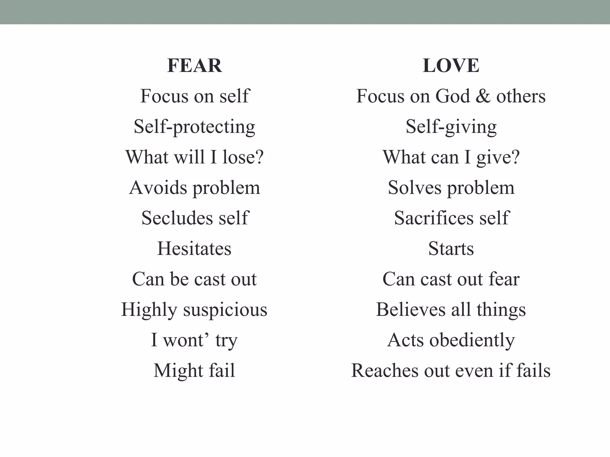 FEAR LOVE
Focus on self Focus on God & others
Self-protecting Self-giving
What will I lose? What can I give?
Avoids problem Solves problem
Secludes self Sacrifices self
Hesitates Starts
Can be cast out Can cast out fear
Highly suspicious Believes all things
I wont’ try Acts obediently
Might fail Reaches out even if fails
 