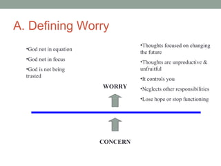 A. Defining Worry
CONCERN
WORRY
•Thoughts focused on changing
the future
•Thoughts are unproductive &
unfruitful
•It controls you
•Neglects other responsibilities
•Lose hope or stop functioning
•God not in equation
•God not in focus
•God is not being
trusted
 