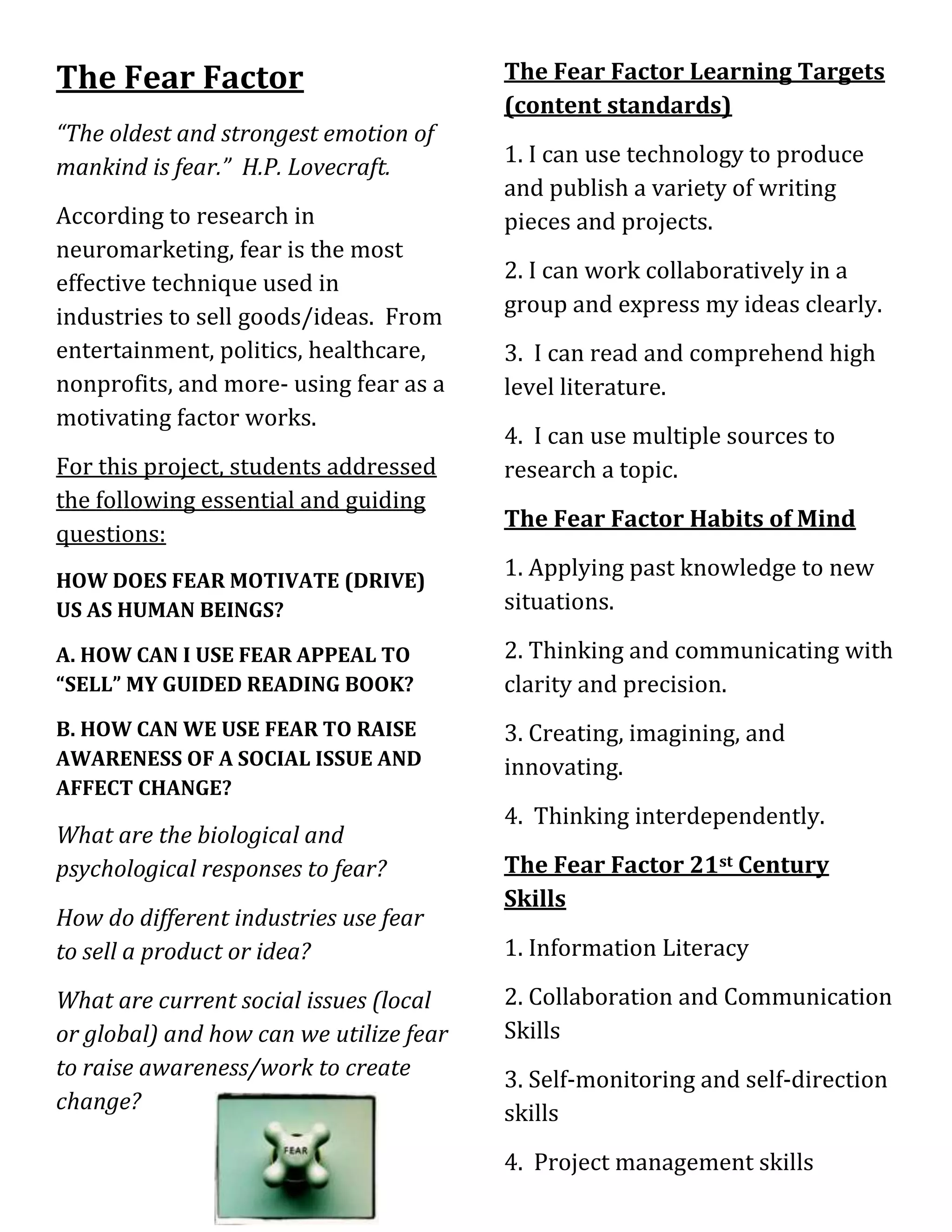 Project Feaar PBL Project: Fear factor synopsis | DOCX