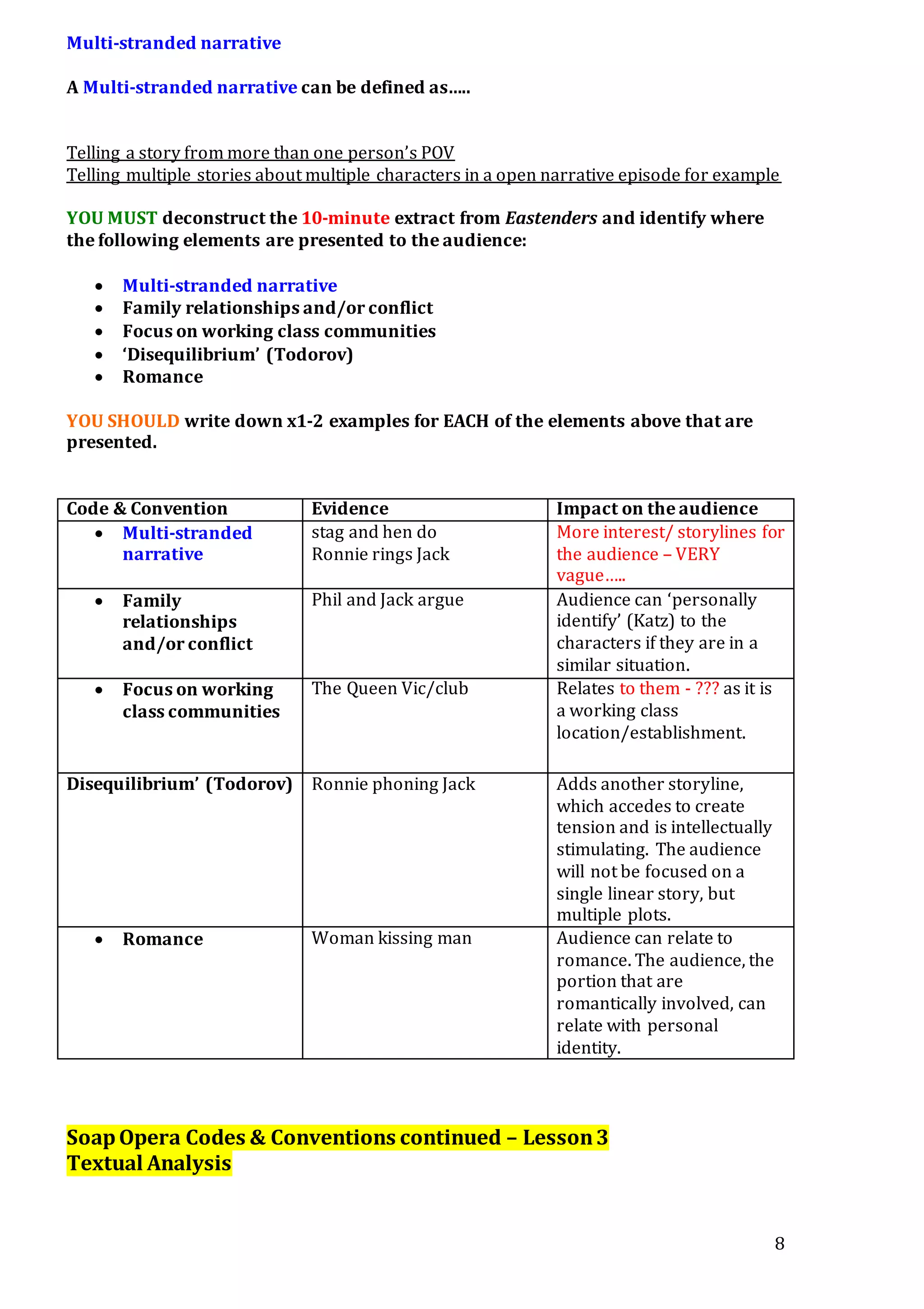 8
Multi-stranded narrative
A Multi-stranded narrative can be defined as…..
Telling a story from more than one person’s POV
Telling multiple stories about multiple characters in a open narrative episode for example
YOU MUST deconstruct the 10-minute extract from Eastenders and identify where
the following elements are presented to the audience:
 Multi-stranded narrative
 Family relationships and/or conflict
 Focus on working class communities
 ‘Disequilibrium’ (Todorov)
 Romance
YOU SHOULD write down x1-2 examples for EACH of the elements above that are
presented.
Code & Convention Evidence Impact on the audience
 Multi-stranded
narrative
stag and hen do
Ronnie rings Jack
More interest/ storylines for
the audience – VERY
vague…..
 Family
relationships
and/or conflict
Phil and Jack argue Audience can ‘personally
identify’ (Katz) to the
characters if they are in a
similar situation.
 Focus on working
class communities
The Queen Vic/club Relates to them - ??? as it is
a working class
location/establishment.
Disequilibrium’ (Todorov) Ronnie phoning Jack Adds another storyline,
which accedes to create
tension and is intellectually
stimulating. The audience
will not be focused on a
single linear story, but
multiple plots.
 Romance Woman kissing man Audience can relate to
romance. The audience, the
portion that are
romantically involved, can
relate with personal
identity.
SoapOpera Codes & Conventions continued – Lesson3
Textual Analysis
 
