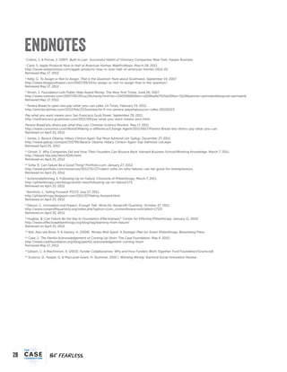 28
FEARFEAR
i
Collins, J. & Porras, J. (1997). Built to Last- Successful Habits of Visionary Companies. New York: Harper Business
ii
Clark, S. Apple Products Now in Half of American Homes. WebProNews. March 28, 2012.
http://www.webpronews.com/apple-products-now-in-over-half-of-american-homes-2012-03
Retrieved May 17, 2012
iii
Kelly, G. To Assign or Not to Assign, That is the Question. Nuts about Southwest. September 19, 2007.
http://www.blogsouthwest.com/2007/09/19/to-assign-or-not-to-assign-that-is-the-question/
Retrieved May 17, 2012
iv
Strom, S. Foundation Lets Public Help Award Money. The New York Times. June 26, 2007.
http://www.nytimes.com/2007/06/26/us/26charity.html?ex=1340596800&en=d206ba9e761fda30&ei=5124&partner=permalink&exprod=permalink
Retrieved May 17, 2012
v
Panera Bread to open two pay-what-you-can cafes. LA Times. February 23, 2012.
http://articles.latimes.com/2012/feb/23/business/la-fi-mo-panera-paywhatyoucan-cafes-20120223;
Pay what you want means zero. San Francisco Grub Street. September 29, 2011.
http://sanfrancisco.grubstreet.com/2011/09/pay-what-you-want-means-zero.html;
Panera Bread lets diners pay what they can. Christian Science Monitor. May 17, 2011.
http://www.csmonitor.com/World/Making-a-difference/Change-Agent/2011/0517/Panera-Bread-lets-diners-pay-what-you-can.
Retrieved on April 25, 2012
vi
Jones, J. Barack Obama, Hillary Clinton Again Top Most Admired List. Gallup. December 27, 2011.
http://www.gallup.com/poll/151790/Barack-Obama-Hillary-Clinton-Again-Top-Admired-List.aspx
Retrieved April 25, 2012
vii
Ghosh, S. Why Companies Fail and How Their Founders Can Bounce Back. Harvard Business School/Working Knowledge. March 7, 2011.
http://hbswk.hbs.edu/item/6591.html
Retrieved on April 25, 2012
viii
Sofia, R. Can Failure Be a Good Thing? Portfolio.com. January 27, 2012.
http://www.portfolio.com/resources/2012/01/27/robert-sofia-on-why-failures-can-be-good-for-entrepreneurs.
Retrieved on April 25, 2012
ix
Schimmelpfenneg, S. Following Up on Failure. Chronicle of Philanthropy. March 7, 2011.
http://philanthropy.com/blogs/world-view/following-up-on-failure/173
Retrieved on April 25, 2012
x
Bernholz, L. Failing Forward. P2173. July 27, 2011.
http://philanthropy.blogspot.com/2011/07/failing-forward.html
Retrieved on April 25, 2012
xi
Gibson, C. Innovation and Impact: Enough Talk, More Do. Nonprofit Quarterly. October 27, 2011.
http://www.nonprofitquarterly.org/index.php?option=com_content&view=article&id=17121
Retrieved on April 25, 2012
xii
Hughes, B. Can Failure Be the Key to Foundation Effectiveness? Center for Effective Philanthropy. January 11, 2010.
http://www.effectivephilanthropy.org/blog/tag/learning-from-failure/
Retrieved on April 25, 2012
xiii
Ibid. Also see Brest, P. & Harvey, H. (2008). Money Well Spent: A Strategic Plan for Smart Philanthropy. Bloomberg Press.
xiv
Case, J. The Painful Acknowledgement of Coming Up Short. The Case Foundation. May 4, 2010.
http://www.casefoundation.org/blog/painful-acknowledgement-coming-short
Retrieved May 17, 2012
xv
Gibson, C. & MacKinnon, A. (2010). Funder Collaboratives: Why and How Funders Work Together. Ford Foundation/Grantcraft
xvi
Scearce, D., Kasper, G. & MacLeod-Grant, H. (Summer, 2010 ). Working Wickily. Stanford Social Innovation Review
ENDNOTES
 
