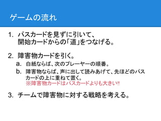 ゲームの流れ

1. パスカードを見ずに引いて、
   開始カードからの「道」をつなげる。

2. 障害物カードを引く。
   a. 白紙ならば、次のプレーヤーの順番。
   b. 障害物ならば、声に出して読みあげて、先ほどのパス
   カードの上に重ねて置く。
   ※障害物カードはパスカードよりも大きい!!

3. チームで障害物に対する戦略を考える。
 