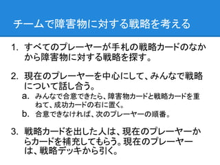 チームで障害物に対する戦略を考える

1. すべてのプレーヤーが手札の戦略カードのなか
   から障害物に対する戦略を探す。

2. 現在のプレーヤーを中心にして、みんなで戦略
   について話し合う。
   a. みんなで合意できたら、障害物カードと戦略カードを重
      ねて、成功カードの右に置く。
 b.   合意できなければ、次のプレーヤーの順番。

3. 戦略カードを出した人は、現在のプレーヤーか
   らカードを補充してもらう。現在のプレーヤー
   は、戦略デッキから引く。
 