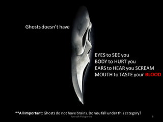 Ghosts doesn’t have

EYES to SEE you
BODY to HURT you
EARS to HEAR you SCREAM
MOUTH to TASTE your BLOOD

**All Important: Ghosts do not have brains. Do you fall under this category?
Anirudh Pulugurtha

8

 