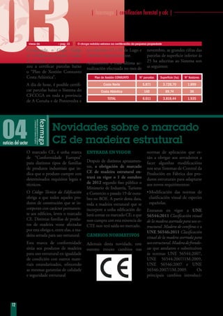 03                    viene de        » pag_12

                  Compostela, o Grupo Galego
                  de Certificación Forestal e Cadea
                  de Custodia (CFCCGA) come-
                  zou a certificar parcelas baixo
                  o “Plan de Xestión Conxunto
                  Costa Atlántica”.
                  A día de hoxe, é posible certifi-
                                                            | fearmaga | certificacion forestal y cdc | ········································




                                                   o cfccga redobla esforzos na certificación da pequena propiedade

                                                         nos distritos VI e XI de Lugo e
                                                         Ourense respectivamente.
                                                         Actualmente e trala última ac-
                                                         tualización efectuada no mes de
                                                               Plan de Xestión CONXUNTO

                                                                      Costa Norte
                                                                                                       novembro, as grandes cifras das
                                                                                                       parcelas de superficie inferior ás
                                                                                                       25 ha adscritas ao Sistema son
                                                                                                       as seguintes:

                                                                                                  Nº parcelas

                                                                                                    5.871
                                                                                                                 Superficie (ha)

                                                                                                                      3.728,70
                                                                                                                                   Nº Xestores

                                                                                                                                     1.899
                  car parcelas baixo o Sistema do                   Costa Atlántica                  140               89,74           36
                  CFCCGA en toda a provincia
                                                                         TOTAL                      6.011             3.818,44       1.935
                  de A Coruña e de Pontevedra e




04
noticias del sector
                                  Novidades sobre o marcado
                                  CE de madeira estrutural
                  O marcado CE, é unha marca             entrada en vigor                              normas de aplicación que es-
                  de “Conformidade Europea”                                                            tán a obrigar aos serradoiros a
                  para distintos tipos de familias       Despois de distintos aprazamen-               facer algunhas modificacións
                  de produtos industriais que in-        tos, a obrigación de marcado                  nos seus Sistemas de Control da
                  dica que o produto cumpre con          CE de madeira estrutural en-                  Produción en Fábrica dos pro-
                  determinados requisitos legais e       trará en vigor o 1 de outubro                 dutos estruturais para adaptarse
                  técnicos.                              de 2012 segundo fixo público o                aos novos requirimentos:
                                                         Ministerio de Industria, Turismo
                  O Código Técnico da Edificación        e Comercio o pasado 19 de outu-               •	Modificación	 das	 normas	 de	
                  obriga a que todos aqueles pro-        bro no BOE. A partir desta data,                clasificación visual de especies
                  dutos de construción que se in-        toda a madeira estrutural que se                españolas.
                  corporan con carácter permanen-        incorpore a unha edificación de-              Entraron en vigor a UNE
                  te aos edificios, leven o marcado      berá contar co marcado CE; a que              56544:2011 Clasificación visual
                  CE. Distintas familias de produ-       non cumpra con esta esixencia do              de la madera aserrada para uso es-
                  tos de madeira vense afectadas         CTE non terá saída no mercado.                tructural. Madera de coníferas e a
                  por esta obriga e, entre elas, a ma-                                                 UNE 56546:2011 Clasificación
                  deira serrada para uso estrutural.     cambios normativos                            visual de la madera aserrada para
                  Esta marca de conformidade             Ademais desta novidade, este                  uso estructural. Madera de frondo-
                  sitúa aos produtos de madeira          outono trouxo cambios nas                     sas que anularon e substituíron
                  para uso estrutural en igualdade                                                     ás normas UNE 56544:2007,
                  de condición con outros mate-                                                        UNE 56544:2007/1M:2009,
                  riais estandarizados, ofrecendo                                                      UNE 56546:2007 e UNE
                  as mesmas garantías de calidade                                                      56546:2007/1M:2009.            Os
                  e seguridade estrutural                                                              principais cambios introduci-




      12
 