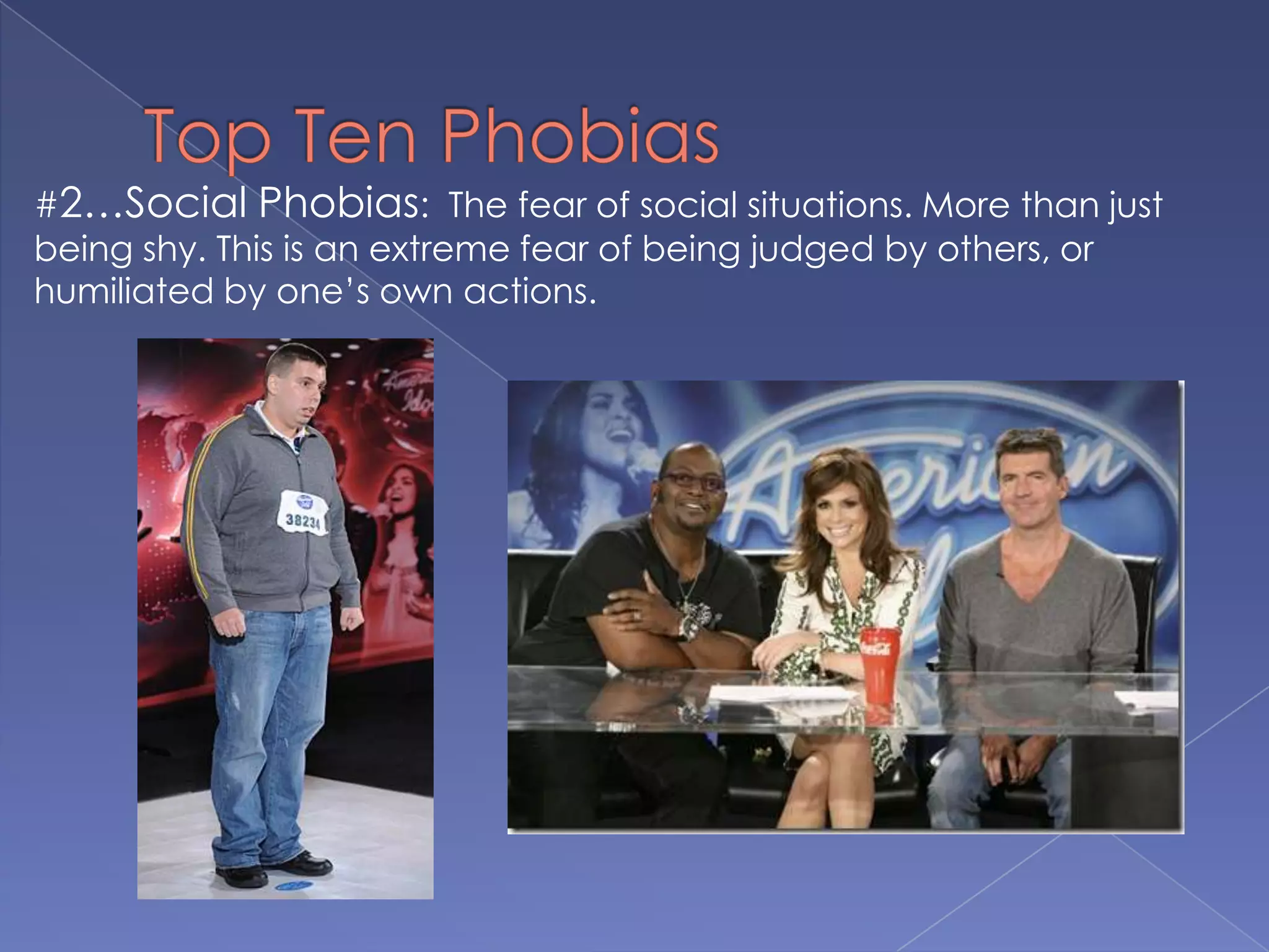 #2…Social Phobias: The fear of social situations. More than just
being shy. This is an extreme fear of being judged by others, or
humiliated by one’s own actions.