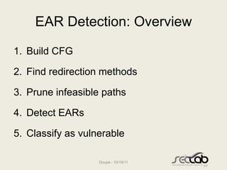 EAR Detection: Overview

1. Build CFG

2. Find redirection methods

3. Prune infeasible paths

4. Detect EARs

5. Classify...