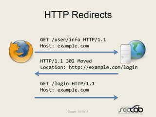 HTTP Redirects

GET /user/info HTTP/1.1
Host: example.com

HTTP/1.1 302 Moved
Location: http://example.com/login


GET /login HTTP/1.1
Host: example.com



         Doupé - 10/19/11
 