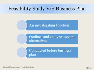 Feasibility Study V/S Business Plan
An investigating function
Outlines and analyzes several
alternatives
Conducted before business
plan
 