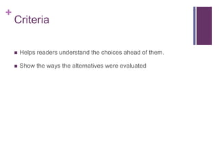 +
    Criteria

       Helps readers understand the choices ahead of them.

       Show the ways the alternatives were evaluated
 