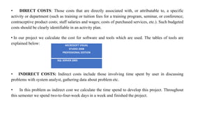 • DIRECT COSTS: Those costs that are directly associated with, or attributable to, a specific
activity or department (such as training or tuition fees for a training program, seminar, or conference;
contraceptive product costs; staff salaries and wages; costs of purchased services, etc.). Such budgeted
costs should be clearly identifiable in an activity plan.
• In our project we calculate the cost for software and tools which are used. The tables of tools are
explained below:
• INDIRECT COSTS: Indirect costs include those involving time spent by user in discussing
problems with system analyst, gathering data about problem etc.
• In this problem as indirect cost we calculate the time spend to develop this project. Throughout
this semester we spend two-to-four-week days in a week and finished the project.
MICROSOFT VISUAL
STUDIO 2008
PROFESSIONAL EDITION
SQL SERVER 2005
 