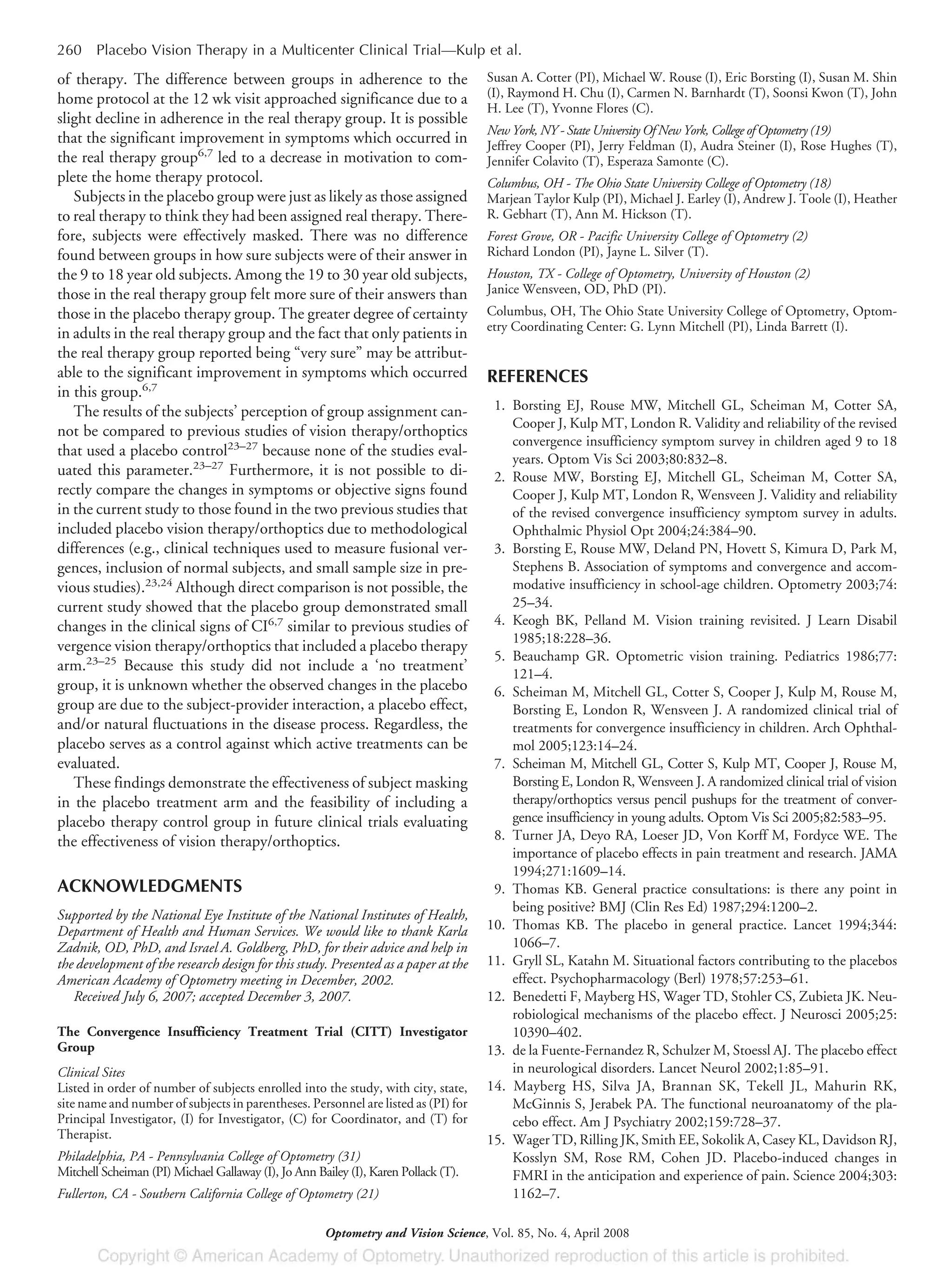 of therapy. The difference between groups in adherence to the
home protocol at the 12 wk visit approached significance due to a
slight decline in adherence in the real therapy group. It is possible
that the significant improvement in symptoms which occurred in
the real therapy group6,7
led to a decrease in motivation to com-
plete the home therapy protocol.
Subjects in the placebo group were just as likely as those assigned
to real therapy to think they had been assigned real therapy. There-
fore, subjects were effectively masked. There was no difference
found between groups in how sure subjects were of their answer in
the 9 to 18 year old subjects. Among the 19 to 30 year old subjects,
those in the real therapy group felt more sure of their answers than
those in the placebo therapy group. The greater degree of certainty
in adults in the real therapy group and the fact that only patients in
the real therapy group reported being “very sure” may be attribut-
able to the significant improvement in symptoms which occurred
in this group.6,7
The results of the subjects’ perception of group assignment can-
not be compared to previous studies of vision therapy/orthoptics
that used a placebo control23–27
because none of the studies eval-
uated this parameter.23–27
Furthermore, it is not possible to di-
rectly compare the changes in symptoms or objective signs found
in the current study to those found in the two previous studies that
included placebo vision therapy/orthoptics due to methodological
differences (e.g., clinical techniques used to measure fusional ver-
gences, inclusion of normal subjects, and small sample size in pre-
vious studies).23,24
Although direct comparison is not possible, the
current study showed that the placebo group demonstrated small
changes in the clinical signs of CI6,7
similar to previous studies of
vergence vision therapy/orthoptics that included a placebo therapy
arm.23–25
Because this study did not include a ‘no treatment’
group, it is unknown whether the observed changes in the placebo
group are due to the subject-provider interaction, a placebo effect,
and/or natural fluctuations in the disease process. Regardless, the
placebo serves as a control against which active treatments can be
evaluated.
These findings demonstrate the effectiveness of subject masking
in the placebo treatment arm and the feasibility of including a
placebo therapy control group in future clinical trials evaluating
the effectiveness of vision therapy/orthoptics.
ACKNOWLEDGMENTS
Supported by the National Eye Institute of the National Institutes of Health,
Department of Health and Human Services. We would like to thank Karla
Zadnik, OD, PhD, and Israel A. Goldberg, PhD, for their advice and help in
the development of the research design for this study. Presented as a paper at the
American Academy of Optometry meeting in December, 2002.
Received July 6, 2007; accepted December 3, 2007.
The Convergence Insufficiency Treatment Trial (CITT) Investigator
Group
Clinical Sites
Listed in order of number of subjects enrolled into the study, with city, state,
site name and number of subjects in parentheses. Personnel are listed as (PI) for
Principal Investigator, (I) for Investigator, (C) for Coordinator, and (T) for
Therapist.
Philadelphia, PA - Pennsylvania College of Optometry (31)
Mitchell Scheiman (PI) Michael Gallaway (I), Jo Ann Bailey (I), Karen Pollack (T).
Fullerton, CA - Southern California College of Optometry (21)
Susan A. Cotter (PI), Michael W. Rouse (I), Eric Borsting (I), Susan M. Shin
(I), Raymond H. Chu (I), Carmen N. Barnhardt (T), Soonsi Kwon (T), John
H. Lee (T), Yvonne Flores (C).
New York, NY - State University Of New York, College of Optometry (19)
Jeffrey Cooper (PI), Jerry Feldman (I), Audra Steiner (I), Rose Hughes (T),
Jennifer Colavito (T), Esperaza Samonte (C).
Columbus, OH - The Ohio State University College of Optometry (18)
Marjean Taylor Kulp (PI), Michael J. Earley (I), Andrew J. Toole (I), Heather
R. Gebhart (T), Ann M. Hickson (T).
Forest Grove, OR - Pacific University College of Optometry (2)
Richard London (PI), Jayne L. Silver (T).
Houston, TX - College of Optometry, University of Houston (2)
Janice Wensveen, OD, PhD (PI).
Columbus, OH, The Ohio State University College of Optometry, Optom-
etry Coordinating Center: G. Lynn Mitchell (PI), Linda Barrett (I).
REFERENCES
1. Borsting EJ, Rouse MW, Mitchell GL, Scheiman M, Cotter SA,
Cooper J, Kulp MT, London R. Validity and reliability of the revised
convergence insufficiency symptom survey in children aged 9 to 18
years. Optom Vis Sci 2003;80:832–8.
2. Rouse MW, Borsting EJ, Mitchell GL, Scheiman M, Cotter SA,
Cooper J, Kulp MT, London R, Wensveen J. Validity and reliability
of the revised convergence insufficiency symptom survey in adults.
Ophthalmic Physiol Opt 2004;24:384–90.
3. Borsting E, Rouse MW, Deland PN, Hovett S, Kimura D, Park M,
Stephens B. Association of symptoms and convergence and accom-
modative insufficiency in school-age children. Optometry 2003;74:
25–34.
4. Keogh BK, Pelland M. Vision training revisited. J Learn Disabil
1985;18:228–36.
5. Beauchamp GR. Optometric vision training. Pediatrics 1986;77:
121–4.
6. Scheiman M, Mitchell GL, Cotter S, Cooper J, Kulp M, Rouse M,
Borsting E, London R, Wensveen J. A randomized clinical trial of
treatments for convergence insufficiency in children. Arch Ophthal-
mol 2005;123:14–24.
7. Scheiman M, Mitchell GL, Cotter S, Kulp MT, Cooper J, Rouse M,
Borsting E, London R, Wensveen J. A randomized clinical trial of vision
therapy/orthoptics versus pencil pushups for the treatment of conver-
gence insufficiency in young adults. Optom Vis Sci 2005;82:583–95.
8. Turner JA, Deyo RA, Loeser JD, Von Korff M, Fordyce WE. The
importance of placebo effects in pain treatment and research. JAMA
1994;271:1609–14.
9. Thomas KB. General practice consultations: is there any point in
being positive? BMJ (Clin Res Ed) 1987;294:1200–2.
10. Thomas KB. The placebo in general practice. Lancet 1994;344:
1066–7.
11. Gryll SL, Katahn M. Situational factors contributing to the placebos
effect. Psychopharmacology (Berl) 1978;57:253–61.
12. Benedetti F, Mayberg HS, Wager TD, Stohler CS, Zubieta JK. Neu-
robiological mechanisms of the placebo effect. J Neurosci 2005;25:
10390–402.
13. de la Fuente-Fernandez R, Schulzer M, Stoessl AJ. The placebo effect
in neurological disorders. Lancet Neurol 2002;1:85–91.
14. Mayberg HS, Silva JA, Brannan SK, Tekell JL, Mahurin RK,
McGinnis S, Jerabek PA. The functional neuroanatomy of the pla-
cebo effect. Am J Psychiatry 2002;159:728–37.
15. Wager TD, Rilling JK, Smith EE, Sokolik A, Casey KL, Davidson RJ,
Kosslyn SM, Rose RM, Cohen JD. Placebo-induced changes in
FMRI in the anticipation and experience of pain. Science 2004;303:
1162–7.
260 Placebo Vision Therapy in a Multicenter Clinical Trial—Kulp et al.
Optometry and Vision Science, Vol. 85, No. 4, April 2008
 