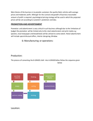 Main theme of the business is to provide customers the quality fabric articles with average
prices and moderate profit. Although for the survival and growth of business reasonable
amount of profit is required. psychological pricing strategy will be used in which the projected
prices will be set according to customer's prediction and idea.
PROMOTION AND ADVERTISMENT
Promotion and advertisment is very critical in such business although due to the limitations of
budget the promotion will be limited only to the retail advertisment and print media e.g
(posters, local newspaper and broadsheet) will be utilized to some extent. Retail advertisment
will include special discount offers, Interior designing, Window
6: Manufacturing or operations:
Production:
The process of converting the B-GRADE cloth into A-GRADElothes follow the sequence given
below
Location:
purchase
material
design
pattren making sitching
cutting
finishing
presentation
/display
market/clintele
 