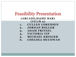 Feasibility Presentation
   (ARCADE/GAME BAR)
        (TEAM 9)
  1.  CULLEN LORENSEN
  2.  JORDAN ROLLER
  3.  ADAM FRITZEL
  4.  VICTORIA YIP
  5.  MICHAEL KRIEGER
  6.  CHELSEA MCCOWAN
 