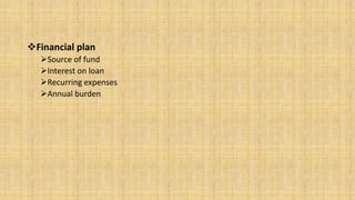 Financial plan
Source of fund
Interest on loan
Recurring expenses
Annual burden

 