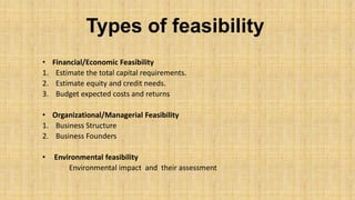 Types of feasibility
•
1.
2.
3.

Financial/Economic Feasibility
Estimate the total capital requirements.
Estimate equity a...