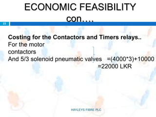 ECONOMIC FEASIBILITY
con….23
Costing for the Contactors and Timers relays..
For the motor
contactors
And 5/3 solenoid pneumatic valves =(4000*3)+10000
=22000 LKR
HAYLEYS FIBRE PLC
 